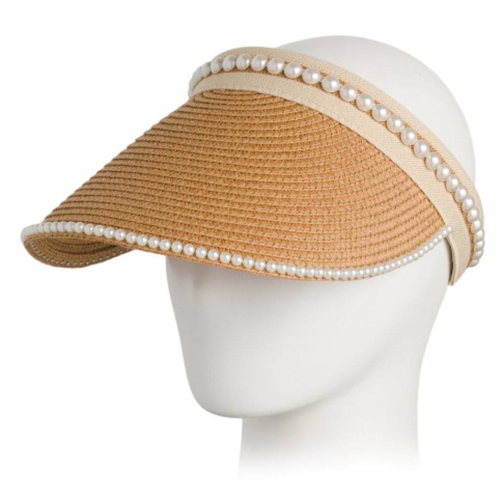 RENATO BALESTRA Faux Pearl Straw Visor Hat Summer Pearls One Size S M L XL NWT